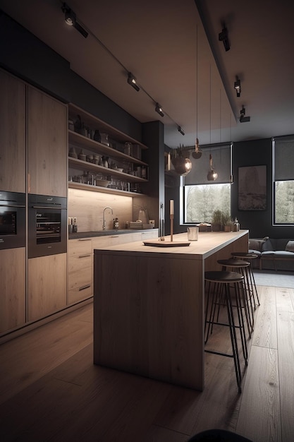 A kitchen with a large island with a large island with a glass door that says'kitchen'on it