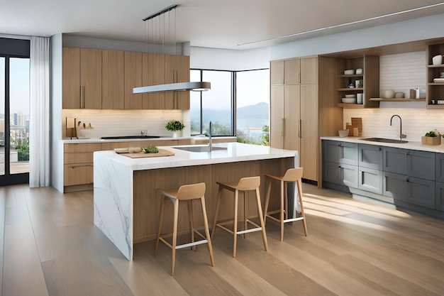 A kitchen with a large island with a large island with a white countertop and stools.