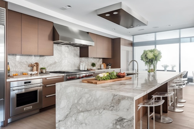 A kitchen with a large island with a large vent hood