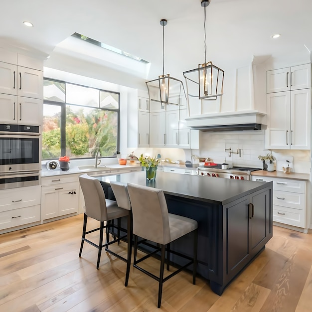 a kitchen with a large island with a large window above it