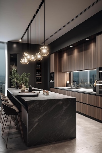 A kitchen with a large island with a pendant light hanging from the ceiling