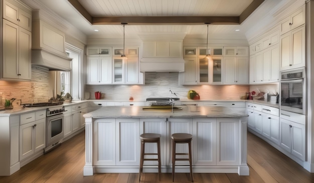 a kitchen with a large island with two stools and a counter with two stools