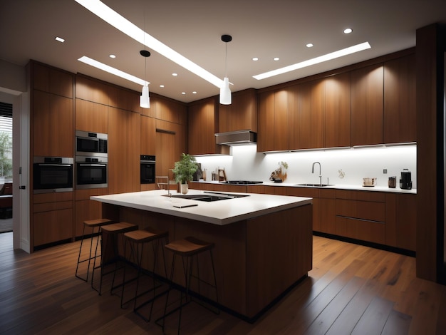 A kitchen with a large island with a white counter that says " the word " on it.