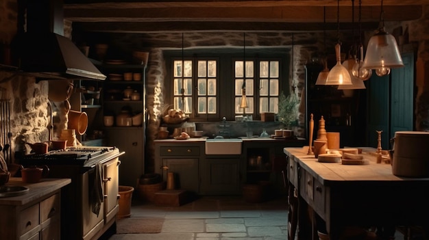 A kitchen with a large light hanging from the ceiling and a large window t