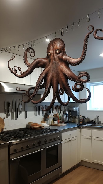 A kitchen with a large octopus hanging from the ceiling