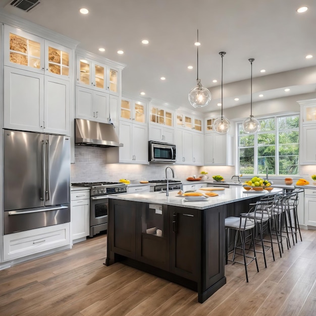 A kitchen with a large table with a breakfast