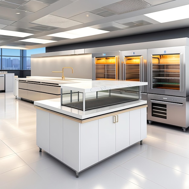 a kitchen with a large white counter and a large freezer.