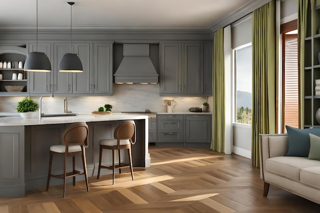 A kitchen with a large window and a green curtain.