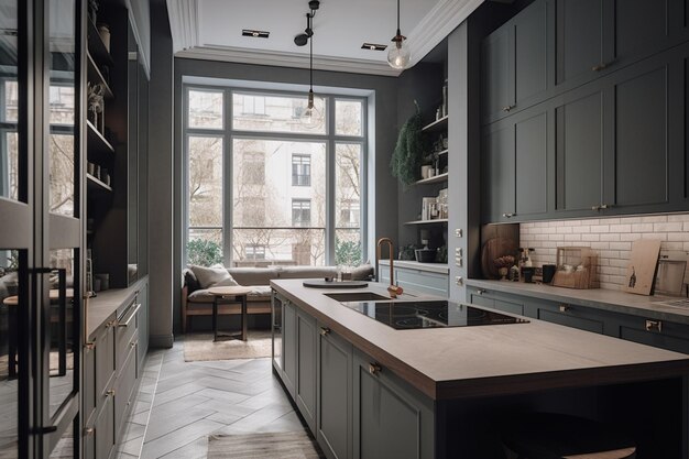 A kitchen with a large window and a large sink.