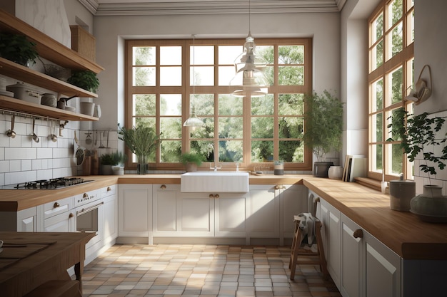 A kitchen with a large window and a sink with a wooden countertop