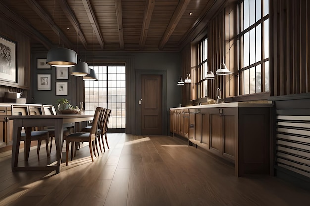 A kitchen with a large window and a table with chairs and a table