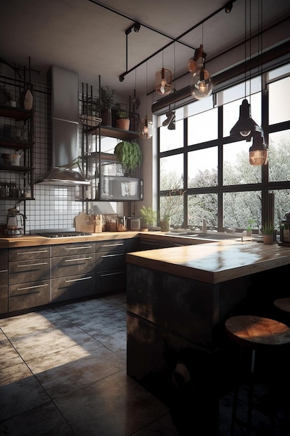 A kitchen with a large window that has a lot of hanging plants on it.