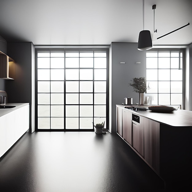 A kitchen with a large window that has a plant on it.