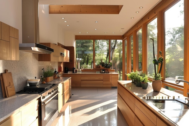 a kitchen with a large window that has the sun shining through