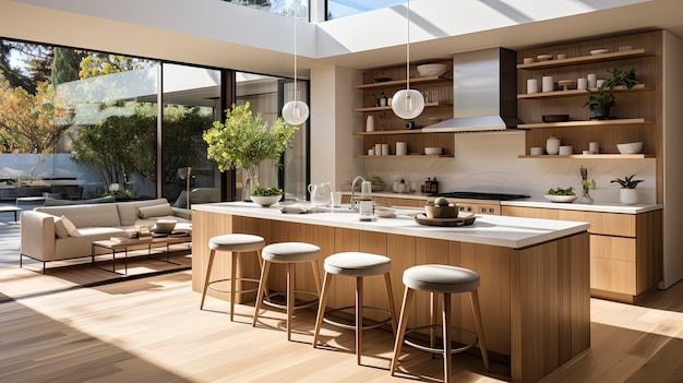 a kitchen with a large window that has a view of the backyard.