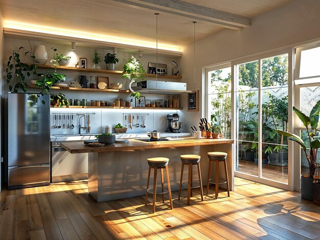 a kitchen with a large window that has a view of the outside