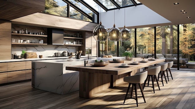 a kitchen with a large window that opens to the outdoors.