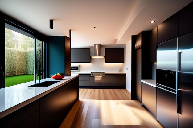 A kitchen with a large window that says'the kitchen is open to the outdoors '