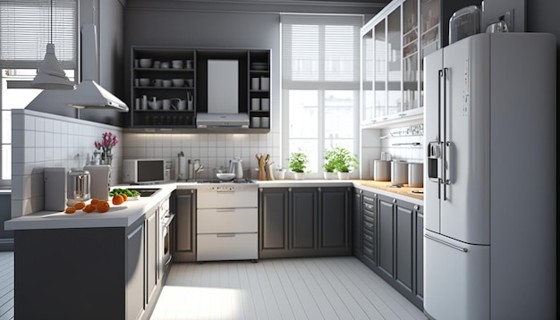 A kitchen with a large window and a white fridge with a glass door that says " kitchen ".