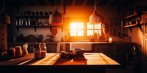 A kitchen with a light on in the background