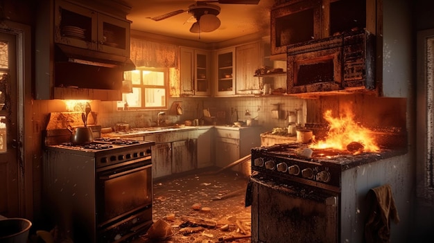 Kitchen with a lot of fire in the middle of it and a stovetop on fire in the middle of the kitchen with a lot of flames on the countertop of the stove Generative AI