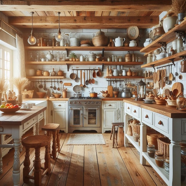 a kitchen with a lot of pottery on the shelves