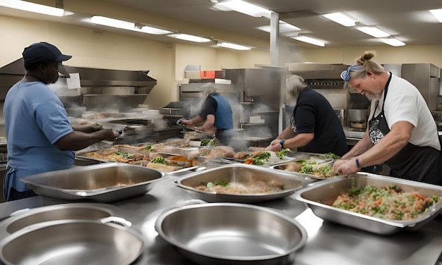 a kitchen with many trays of food including food and a sign that says cook