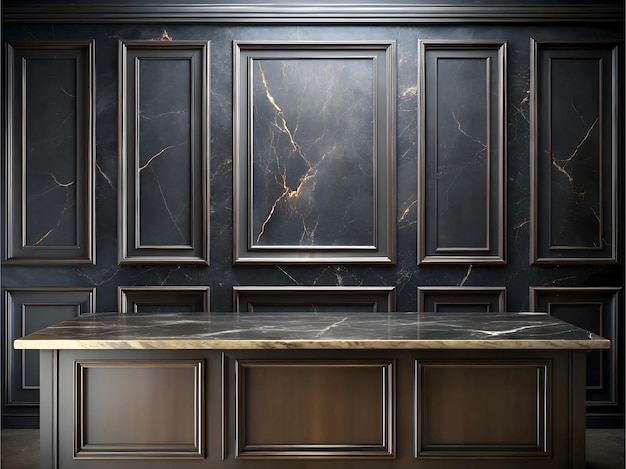 a kitchen with a marble counter and a marble counter top