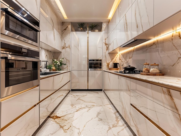 a kitchen with a marble counter top and a stove with a pot on it