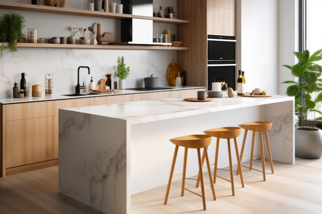 Kitchen with marble counter top and wooden stools next to it Generative AI