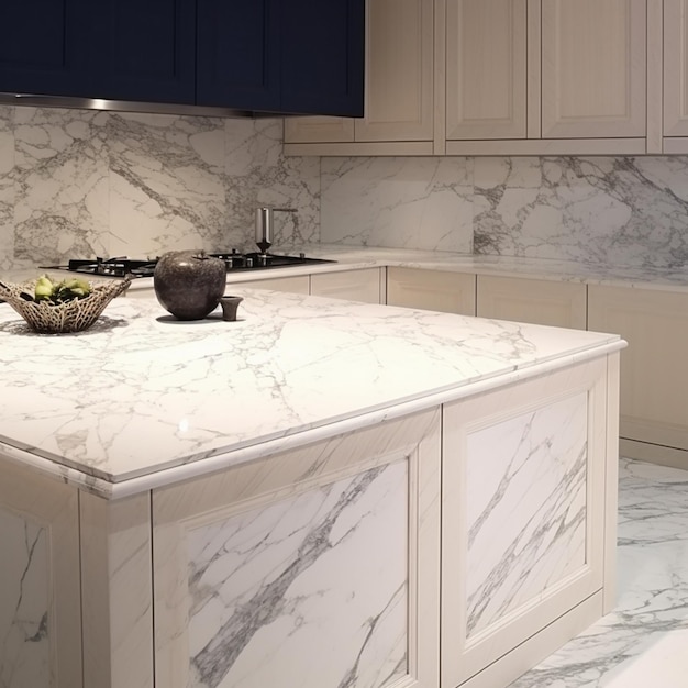 a kitchen with marble counter tops and blue cabinets