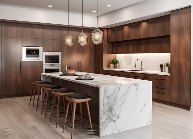 A kitchen with a marble countertop and a large island with three lights.