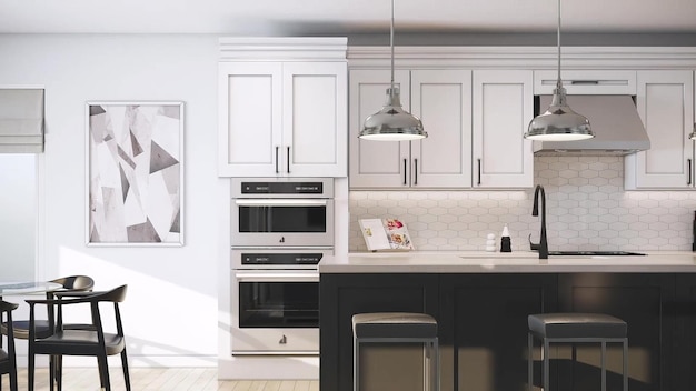 Photo a kitchen with a microwave oven and stove with a light fixture