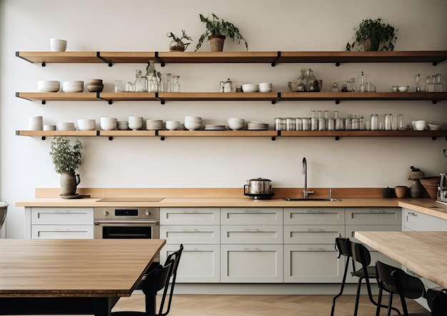 A kitchen with open shelving instead of upper cabinets