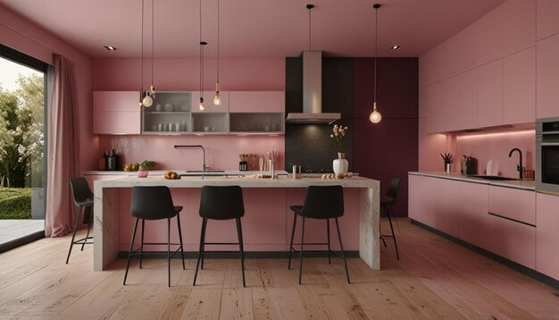 a kitchen with a pink kitchen with a light hanging from the ceiling