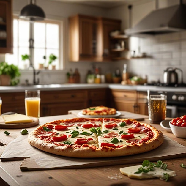 a kitchen with a pizza and a glass of orange juice on the table