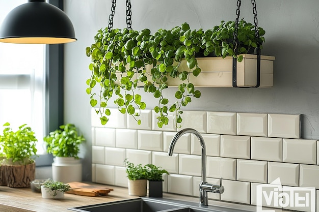 Photo a kitchen with a plant hanging from a ceiling and a light hanging from a ceiling