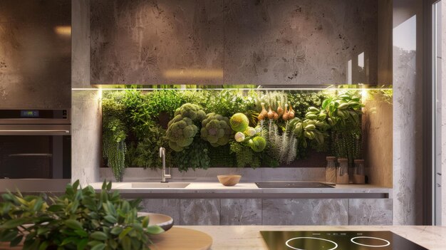 Photo a kitchen with a plant and potted plant on the counter