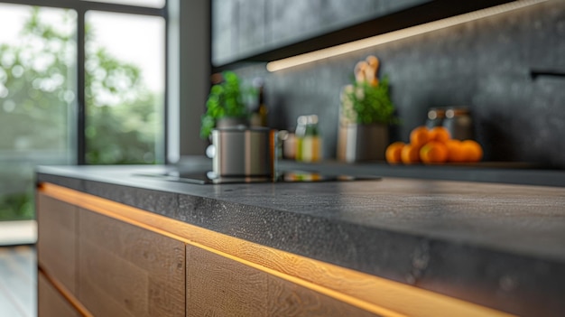 Photo a kitchen with a plant on the shelf and a potted plant on the shelf