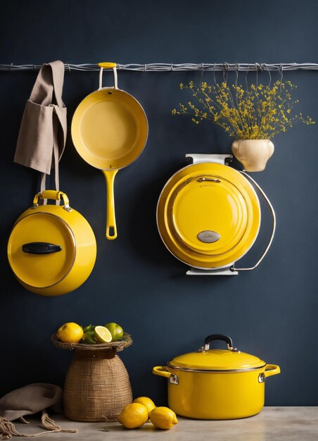 Photo a kitchen with pots pans pots and pans on the wall