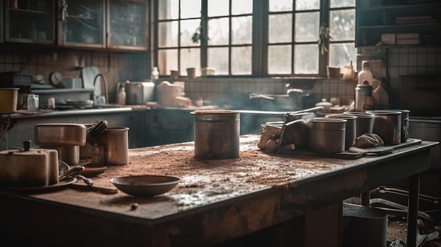 A kitchen with pots and pans on a table with a window behind them