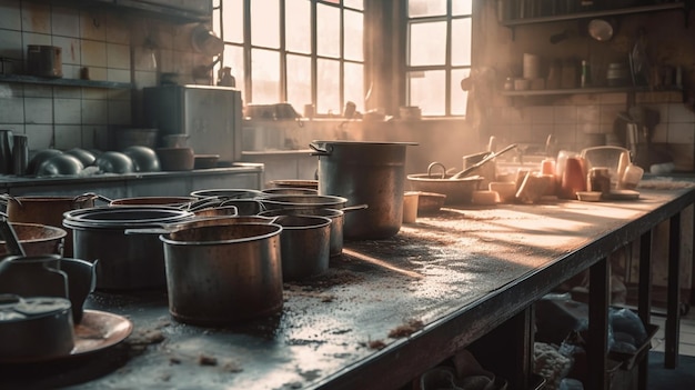 A kitchen with pots on a table and a window behind them