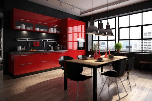 A kitchen with a red cabinet