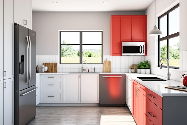 A kitchen with a red cabinetry and a microwave.