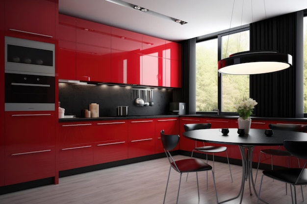 A kitchen with red cabinets and a table with a lamp on it.