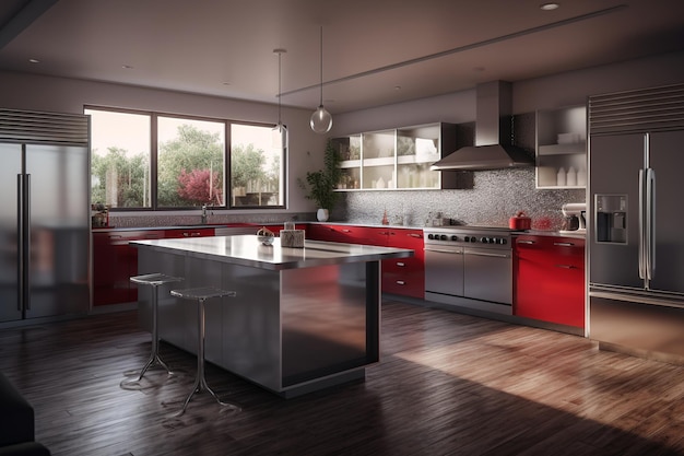 A kitchen with a red kitchen island and a large window with a view of the outside.