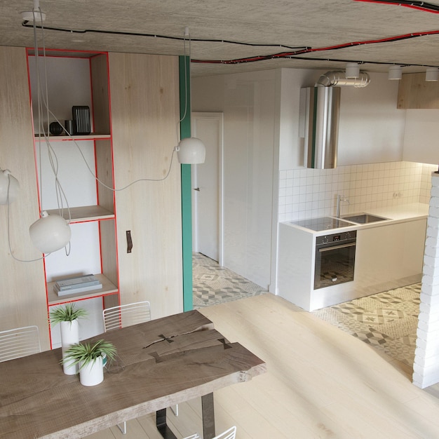 Photo a kitchen with a red shelf and a green shelf with a white shelf on it