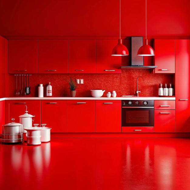 Photo a kitchen with a red wall and a silver stove and a red oven