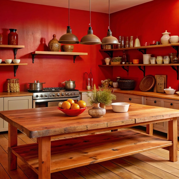 Photo a kitchen with a red wall and a wooden table with pots and pans on it