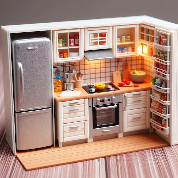 a kitchen with a refrigerator and a freezer with the word on it